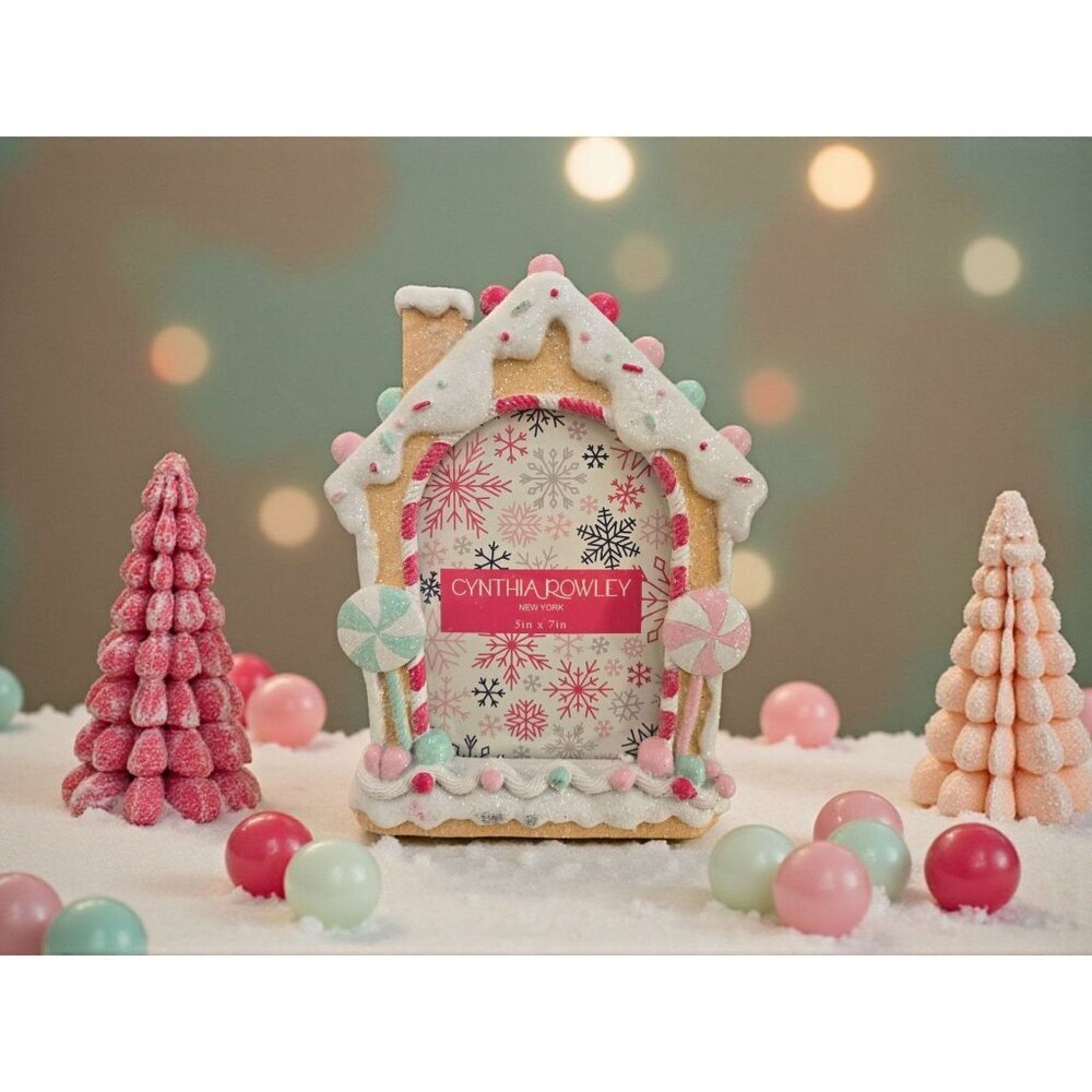 New Pink Candyland Gingerbread House Christmas 5" X 7" Photo Frame Room Decor